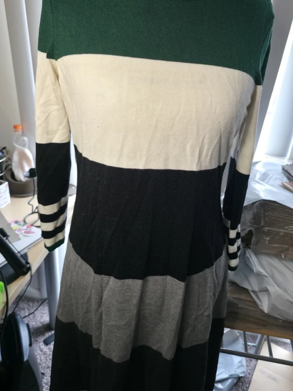 Striped Knit A-Line Dress in Green, Cream & Black - Picture 2 of 4